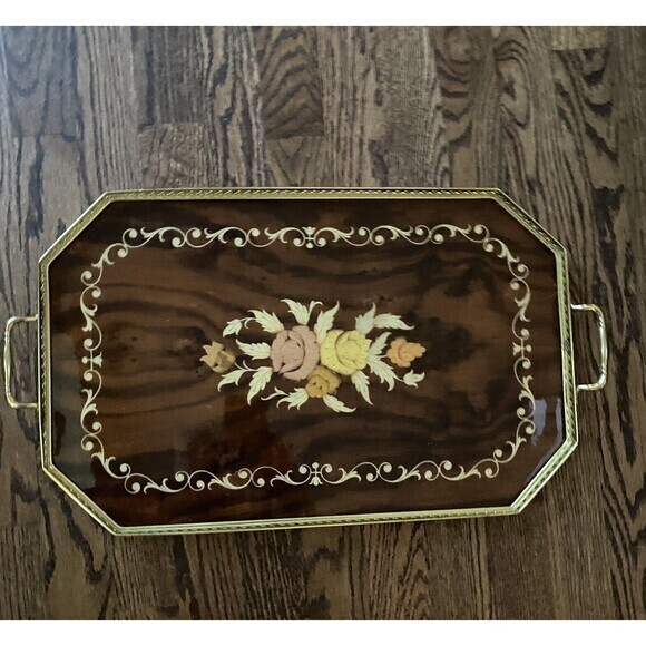 Wood Art Marquetry Inlaid Wood Serving Tray Wooden Art Picture Flowers Italy - Picture 1 of 7
